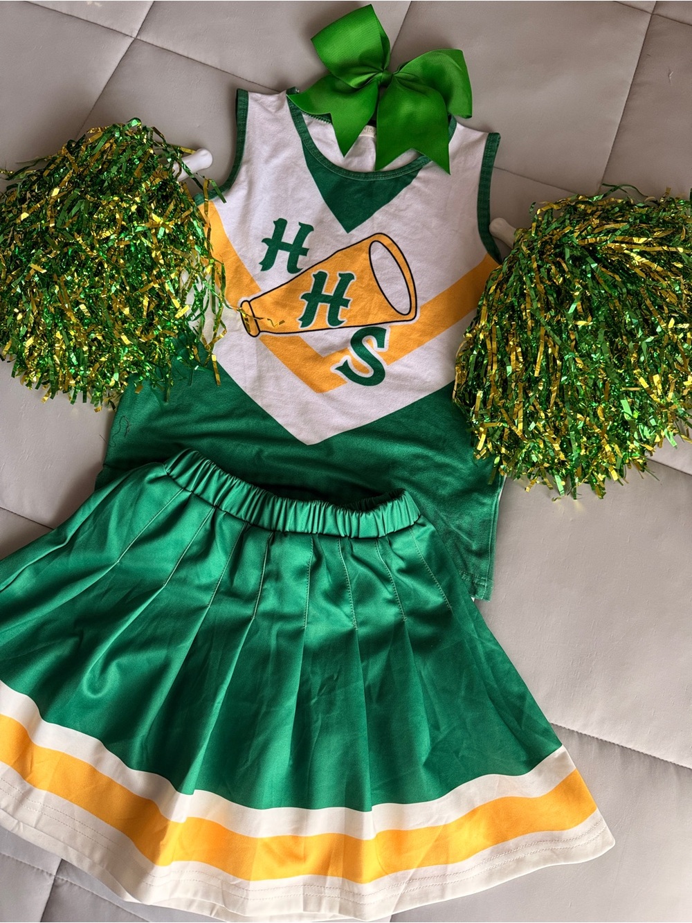 HHS Cheerleader Costume Set | Green & Gold | Halloween | Size L - kids